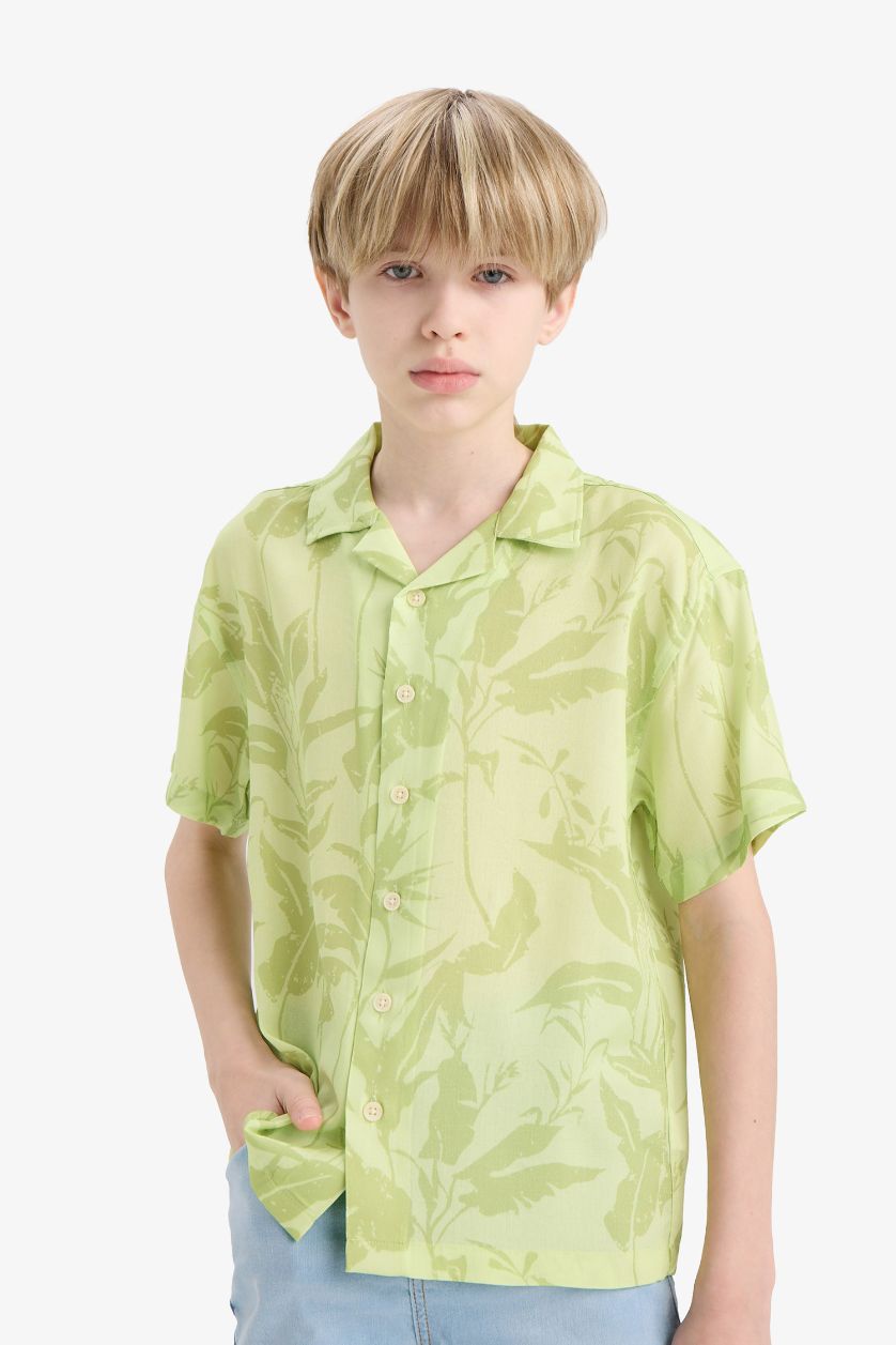 Erkek Çocuk - Genç Erkek Açık Yeşil Oversize Geniş Kalıp Polo Yaka Desenli Viskon Kısa Kollu Gömlek Erkek Çocuk