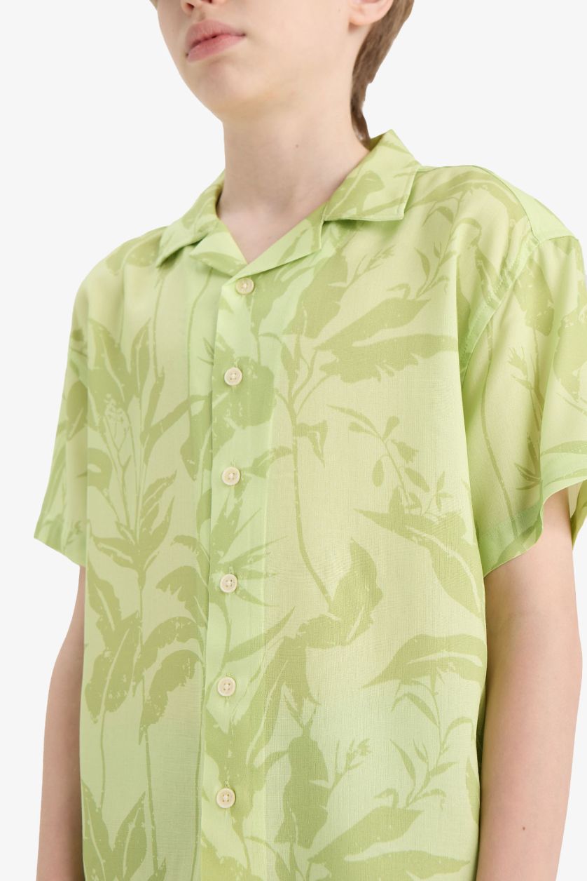 Erkek Çocuk - Genç Erkek Açık Yeşil Oversize Geniş Kalıp Polo Yaka Desenli Viskon Kısa Kollu Gömlek Erkek Çocuk