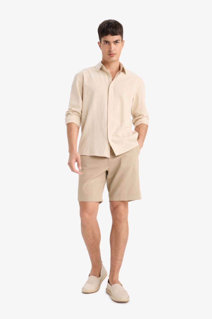 Ерлер Қара Бежевый Рубашка с поло-воротником, из хлопка, с длинными рукавами, стандартного кроя