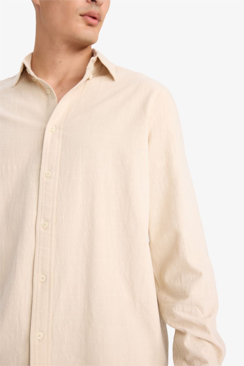 Ерлер Қара Бежевый Рубашка с поло-воротником, из хлопка, с длинными рукавами, стандартного кроя