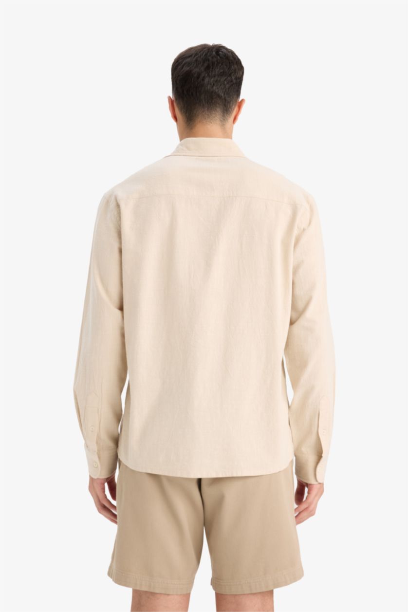 Ерлер Қара Бежевый Рубашка с поло-воротником, из хлопка, с длинными рукавами, стандартного кроя