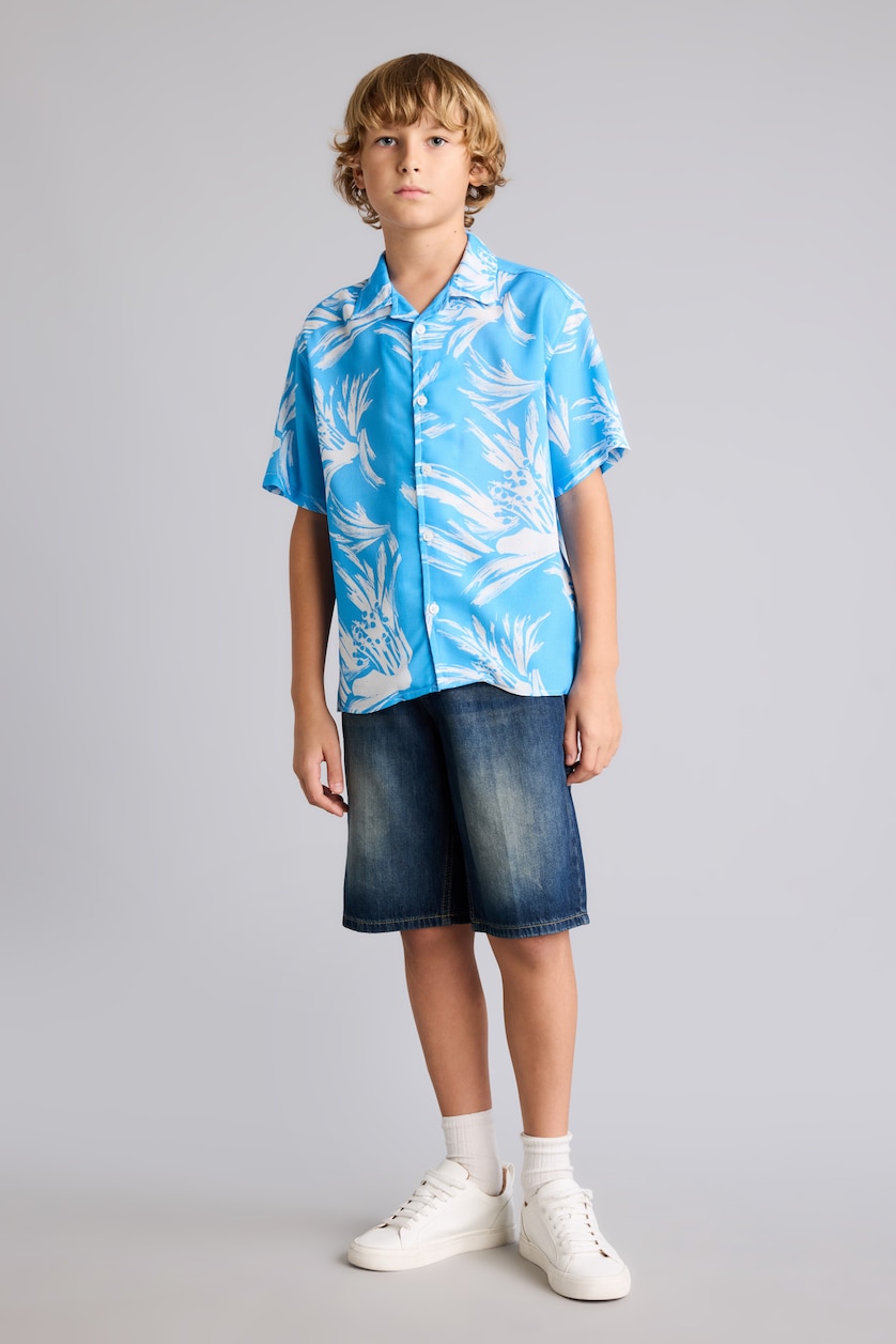 Boys & Teens Blue Boy Oversize Polo Neck Floral Viscose Shirt