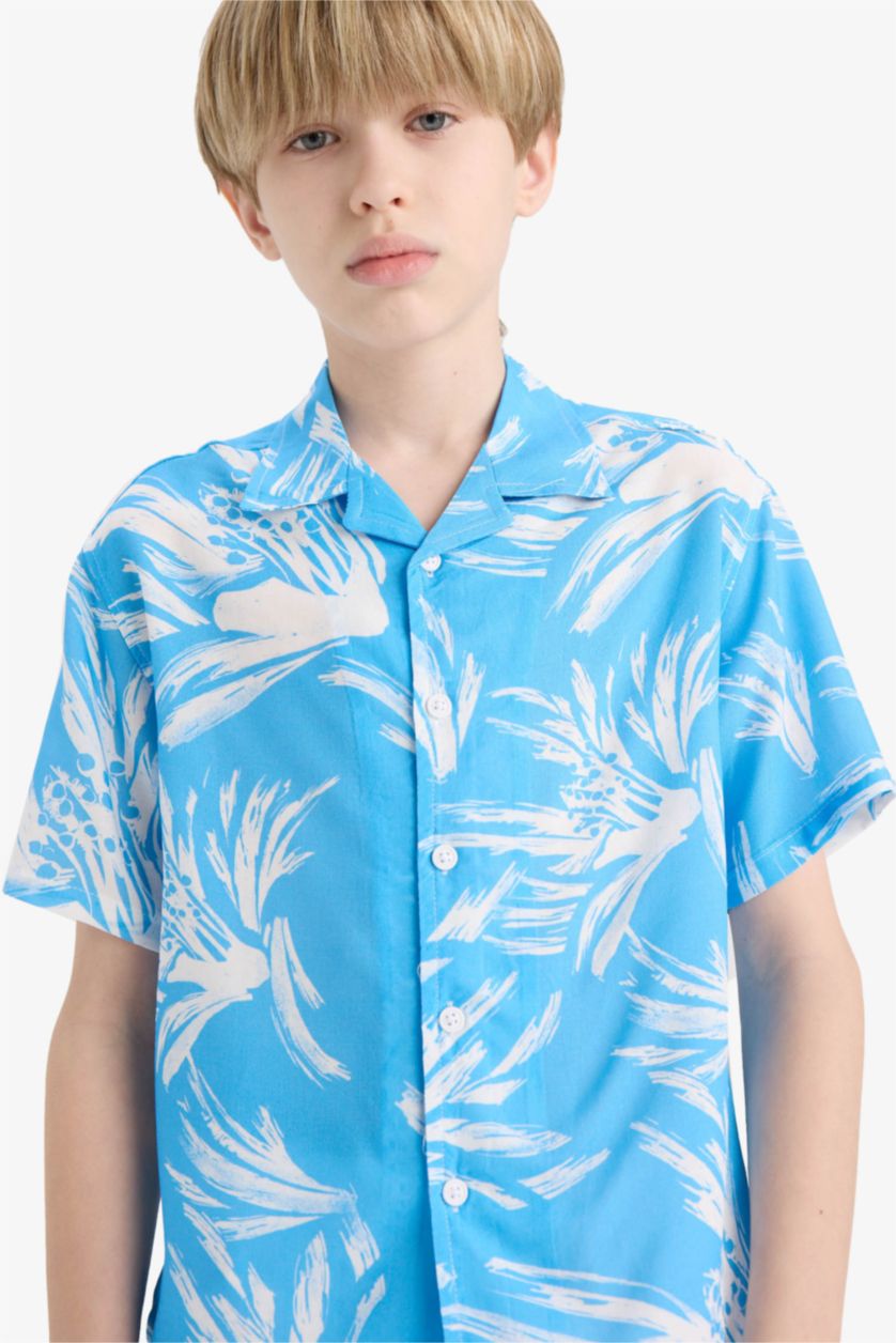 Erkek Çocuk - Genç Erkek Mavi Oversize Geniş Kalıp Polo Yaka Desenli Viskon Kısa Kollu Gömlek Erkek Çocuk