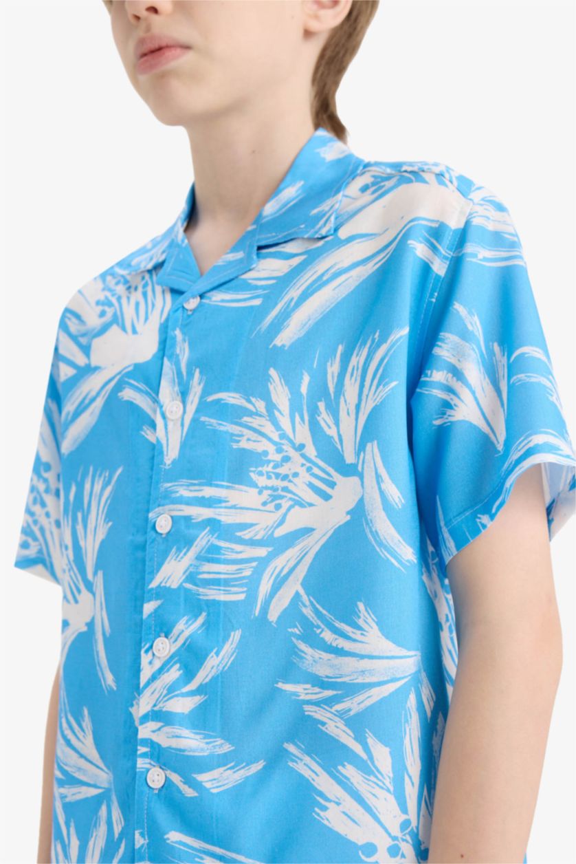 Erkek Çocuk - Genç Erkek Mavi Oversize Geniş Kalıp Polo Yaka Desenli Viskon Kısa Kollu Gömlek Erkek Çocuk