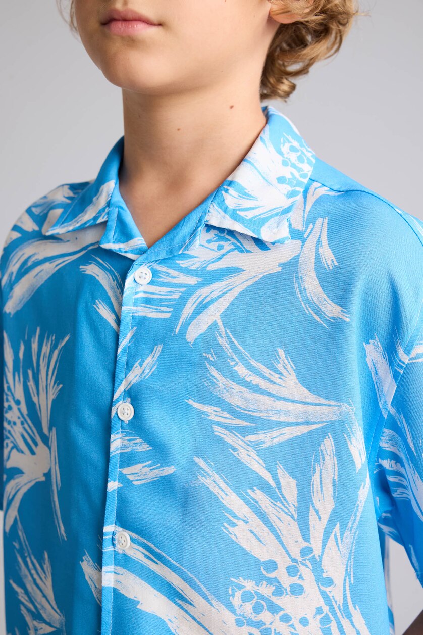 Boys & Teens Blue Boy Oversize Polo Neck Floral Viscose Shirt