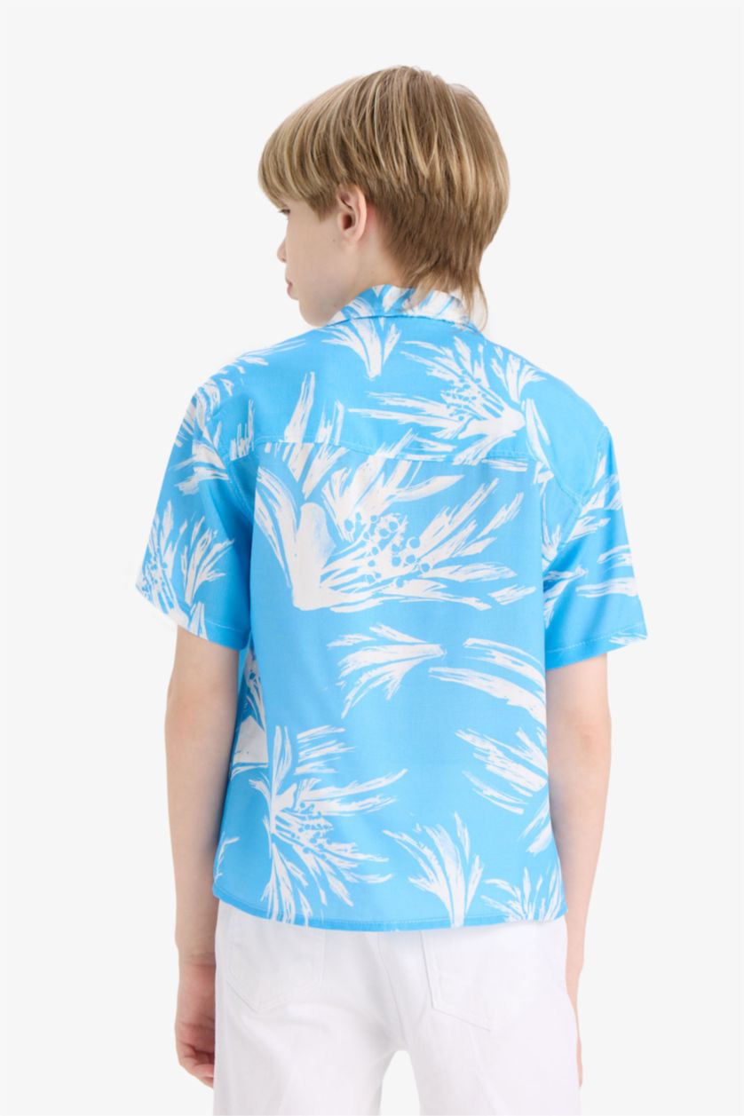 Erkek Çocuk - Genç Erkek Mavi Oversize Geniş Kalıp Polo Yaka Desenli Viskon Kısa Kollu Gömlek Erkek Çocuk