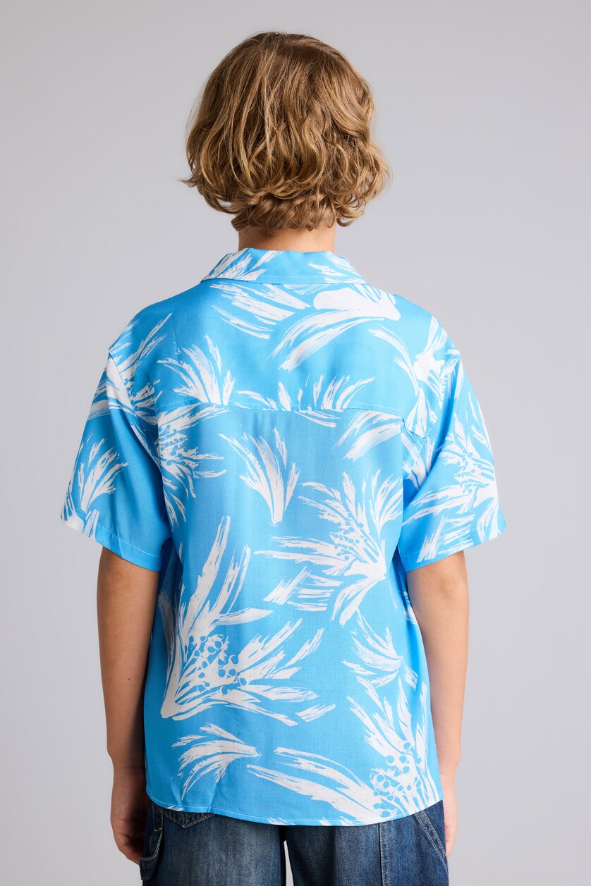 Boys & Teens Blue Boy Oversize Polo Neck Floral Viscose Shirt
