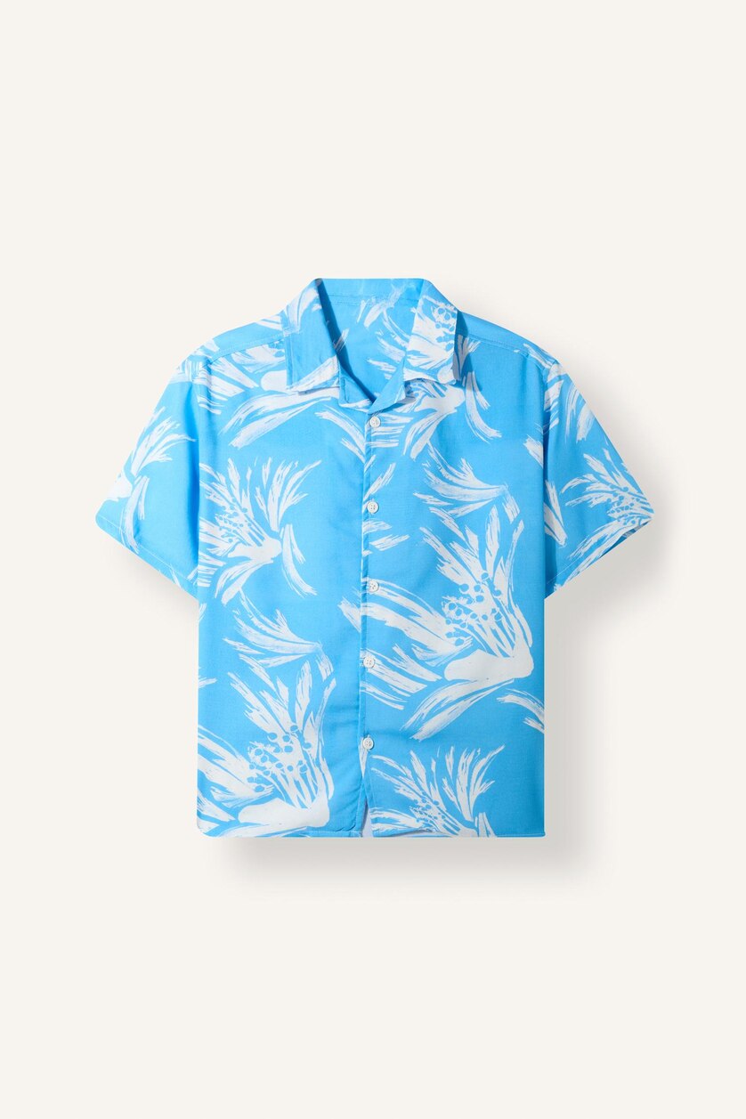 Boys & Teens Blue Boy Oversize Polo Neck Floral Viscose Shirt