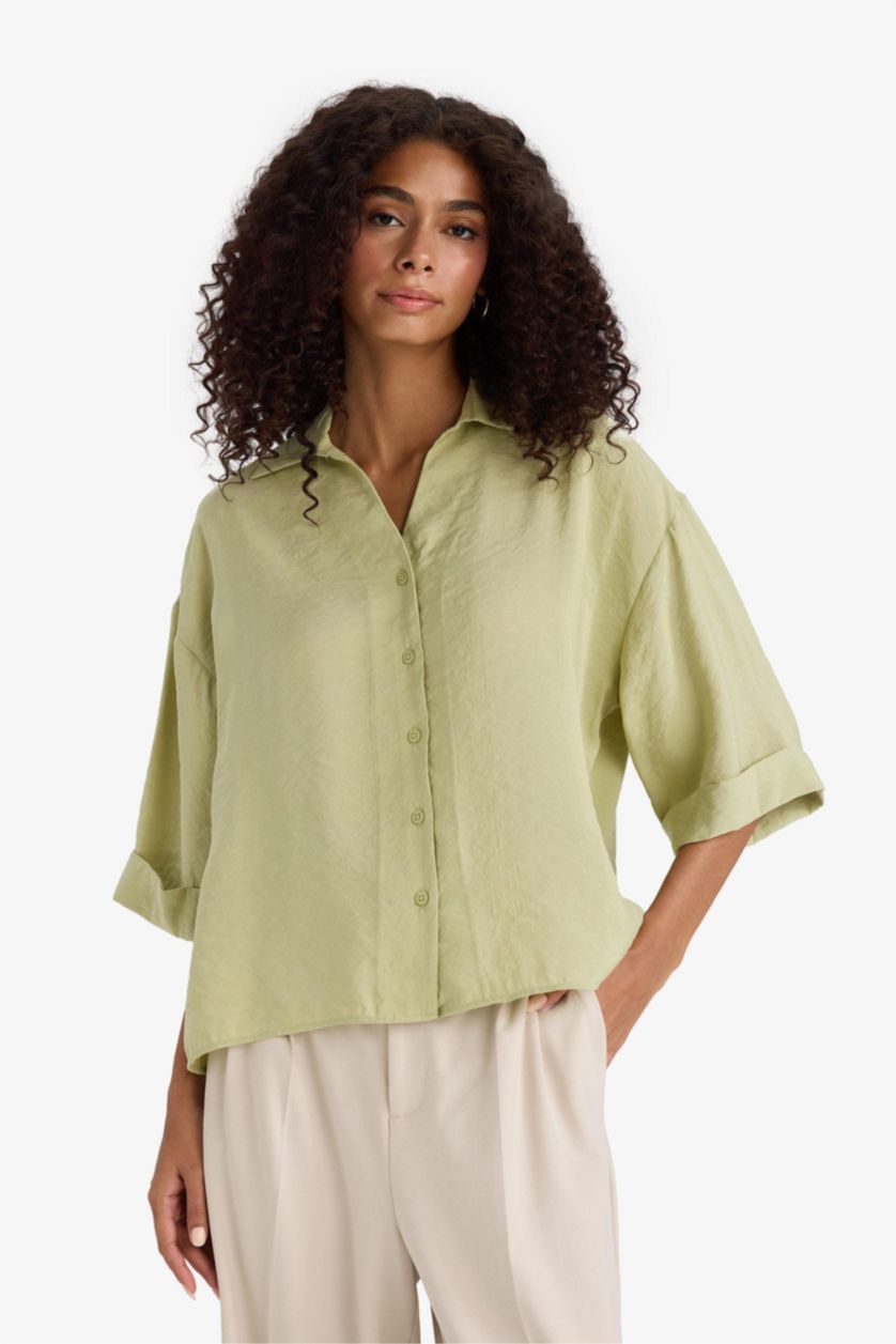 Kadın Yeşil Oversize Geniş Kalıp Modal Yarım Kollu Gömlek