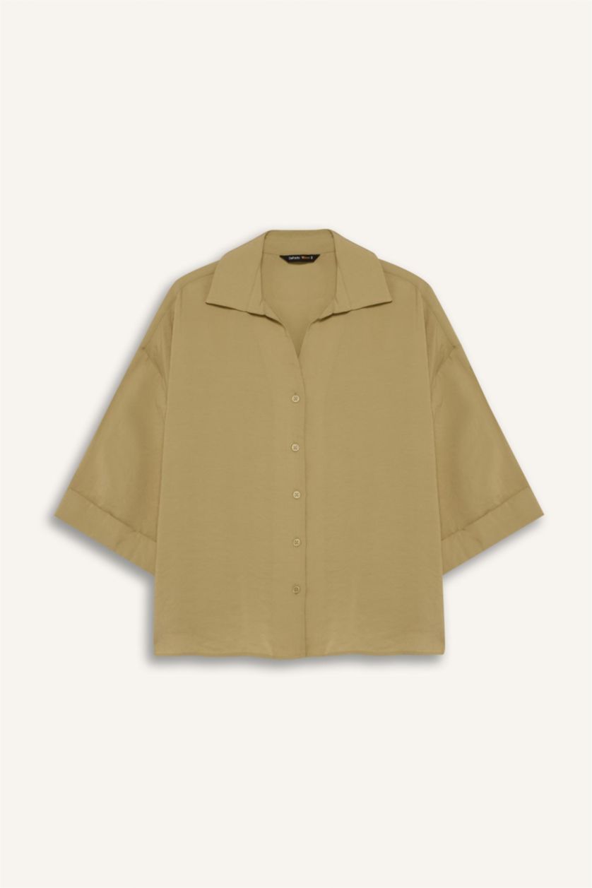 Kadın Yeşil Oversize Geniş Kalıp Modal Yarım Kollu Gömlek