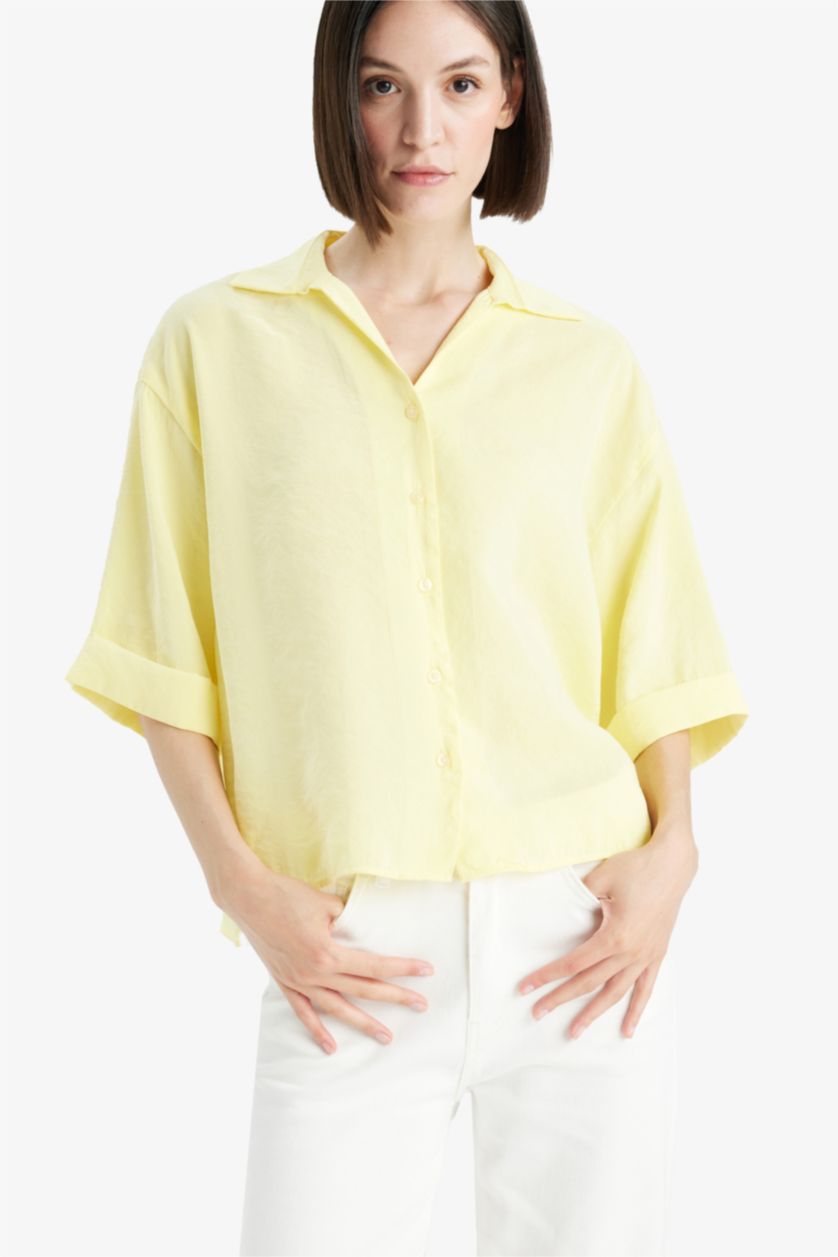 Woman Light Yellow Oversize Fit Shirt Collar Modal Long Sleeve Shirt