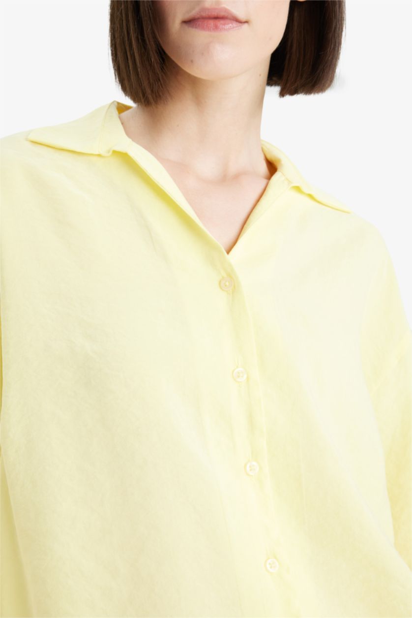 Woman Light Yellow Oversize Fit Shirt Collar Modal Long Sleeve Shirt