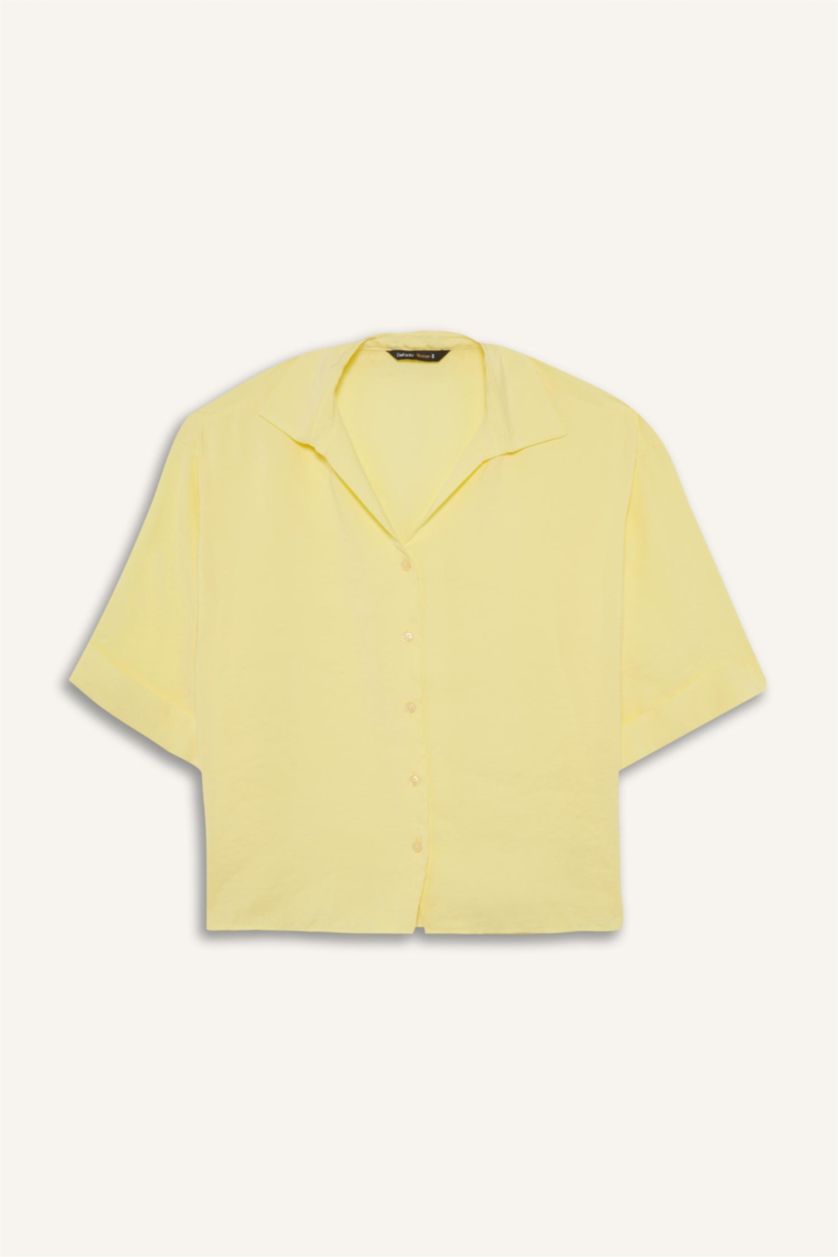 Woman Light Yellow Oversize Fit Shirt Collar Modal Long Sleeve Shirt