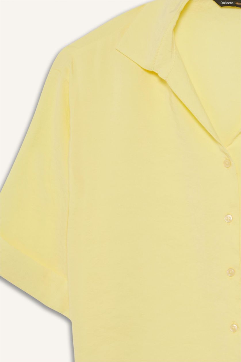 Woman Light Yellow Oversize Fit Shirt Collar Modal Long Sleeve Shirt