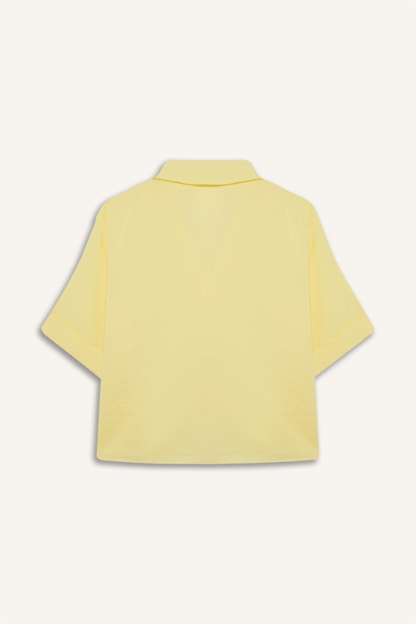 Woman Light Yellow Oversize Fit Shirt Collar Modal Long Sleeve Shirt