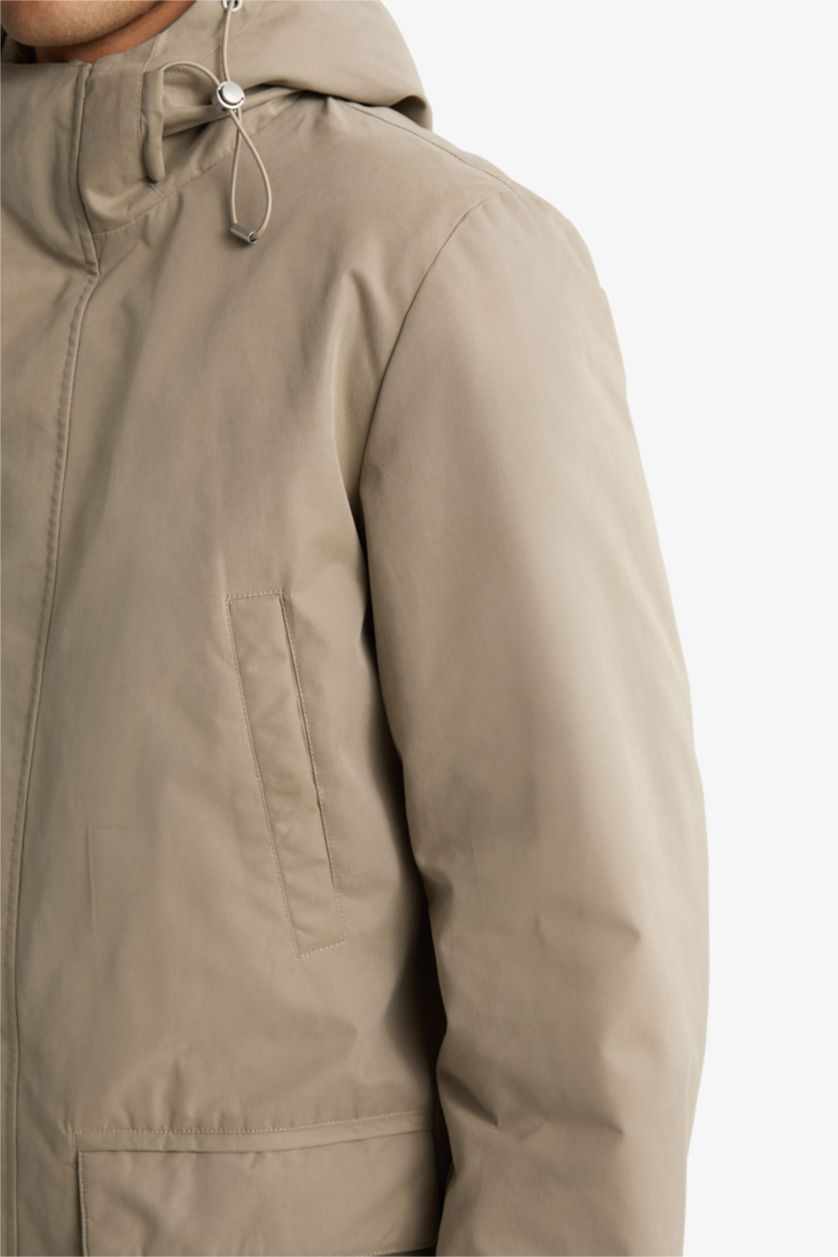 رجال رمادي جاكيت مقاوم للماء قصة عادية بغطاء للرأس مبطن