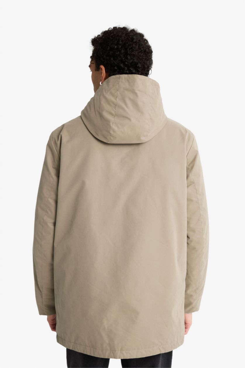 رجال رمادي جاكيت مقاوم للماء قصة عادية بغطاء للرأس مبطن