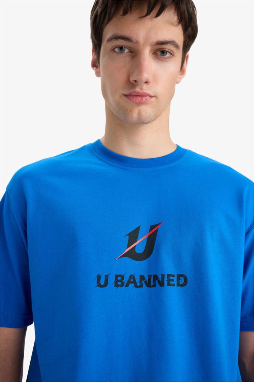 Erkek Royal %100 Pamuk Boxy Fit Bisiklet Yaka Baskılı Kısa Kollu Tişört