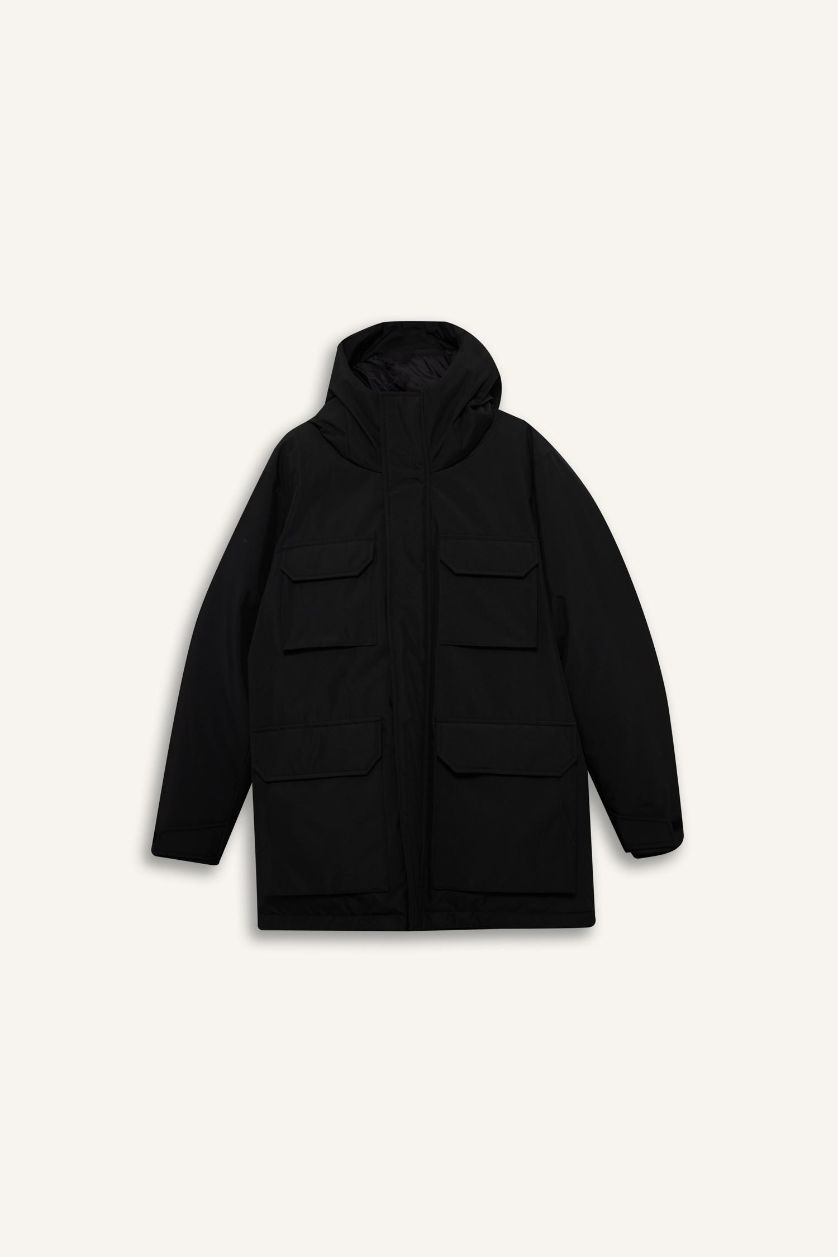 Erkek Siyah Su İtici Regular Fit Kapüşonlu Çift Cepli Fermuarlı Çıtçıtlı Mont