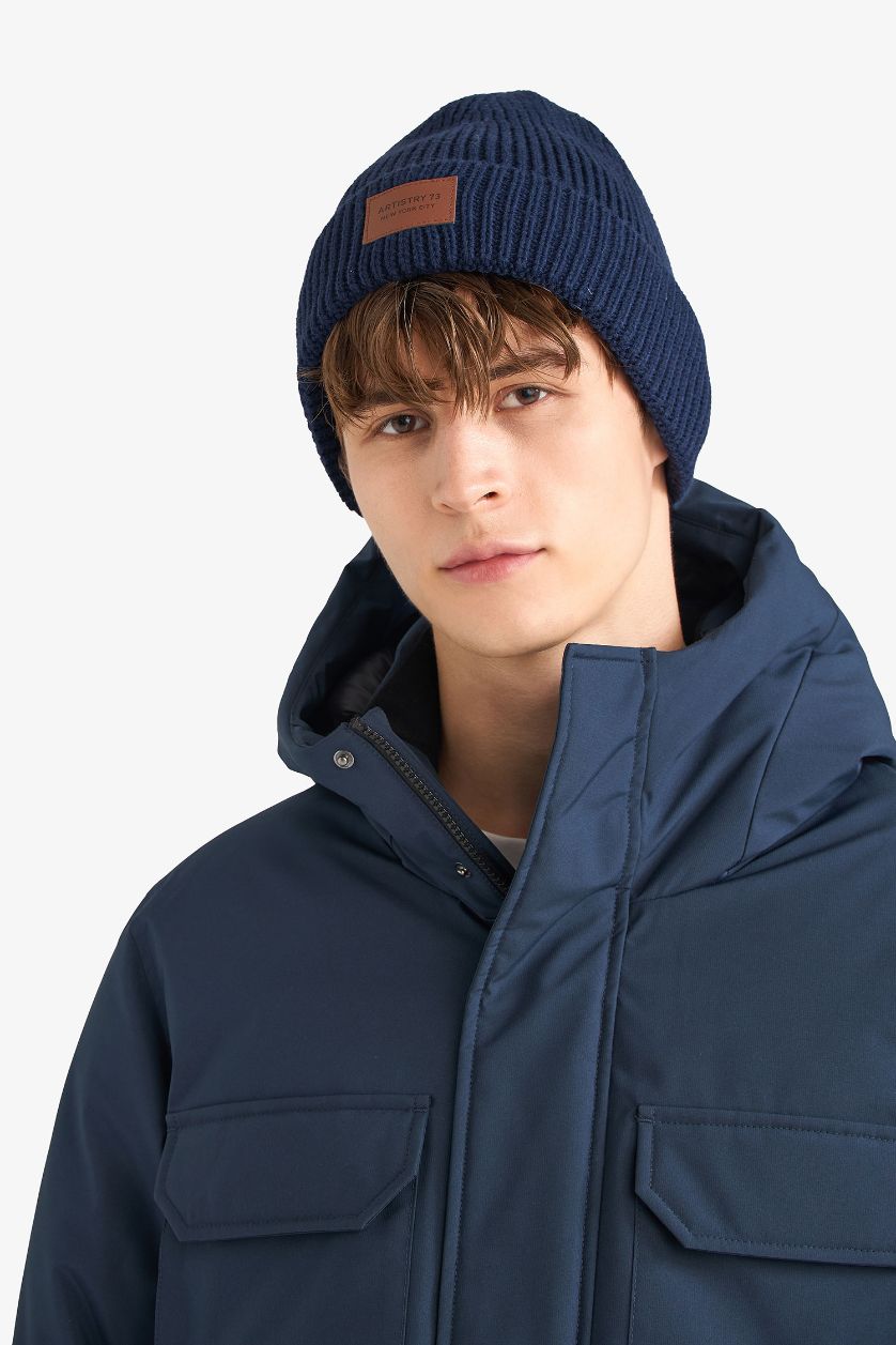 Erkek Lacivert Su İtici Regular Fit Kapüşonlu Çift Cepli Fermuarlı Çıtçıtlı Mont