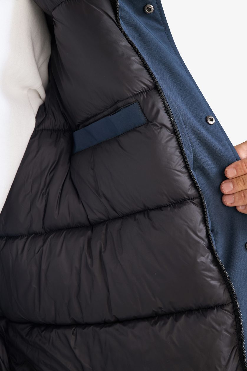 Erkek Lacivert Su İtici Regular Fit Kapüşonlu Çift Cepli Fermuarlı Çıtçıtlı Mont