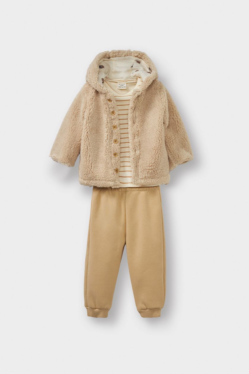 طفلة صغيرة بيج طقم اولادي تيشيرت سويت بانتس وكارديجان قصة عادية - 3 قطع