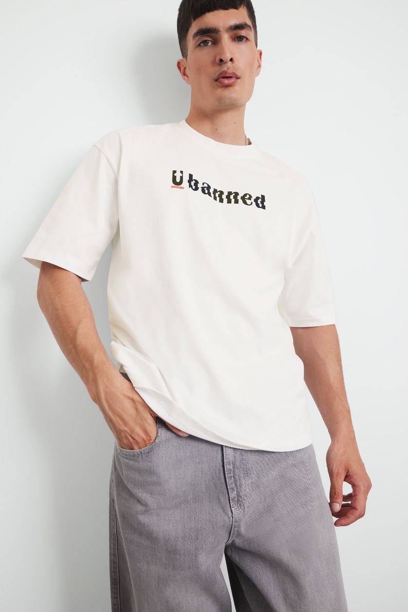 MAN Ecru Cotton Loose Fit Crew Neck Printed Short Sleeve T-Shirt