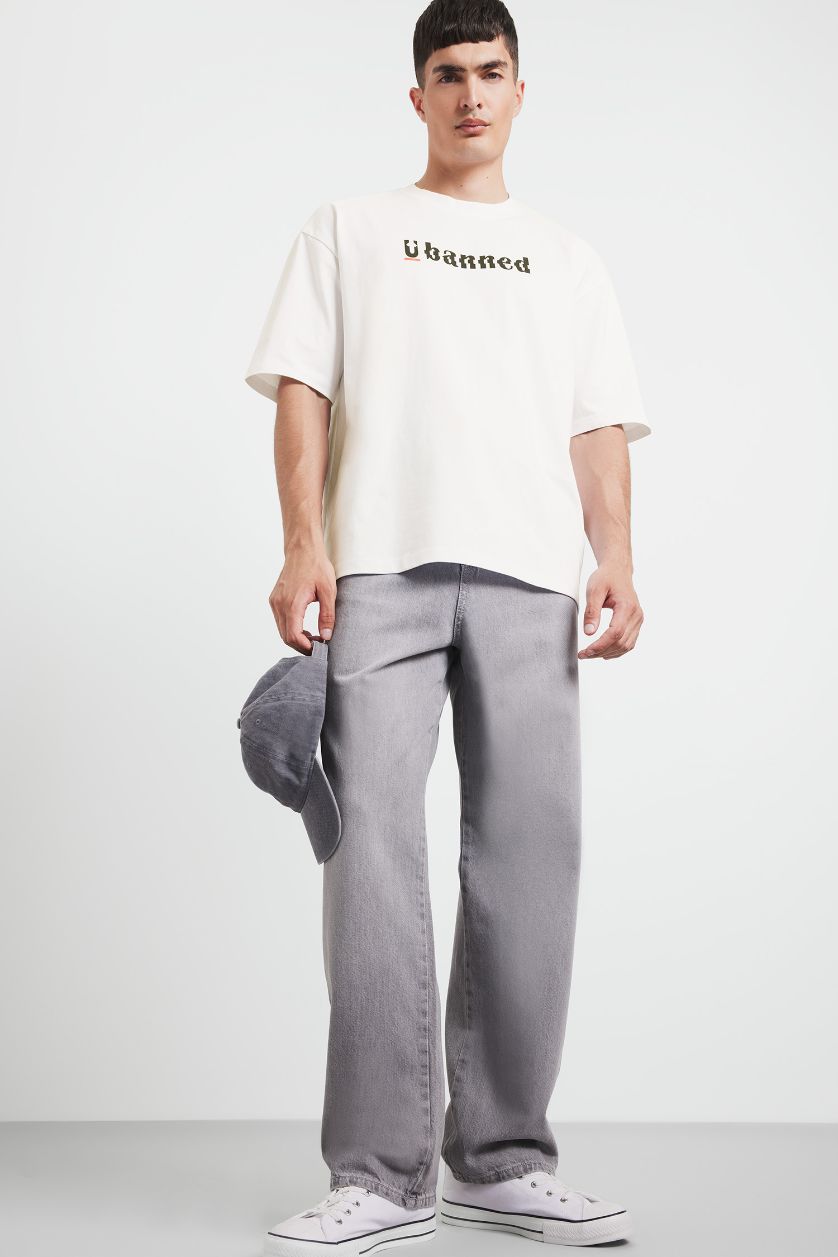 MAN Ecru Cotton Loose Fit Crew Neck Printed Short Sleeve T-Shirt