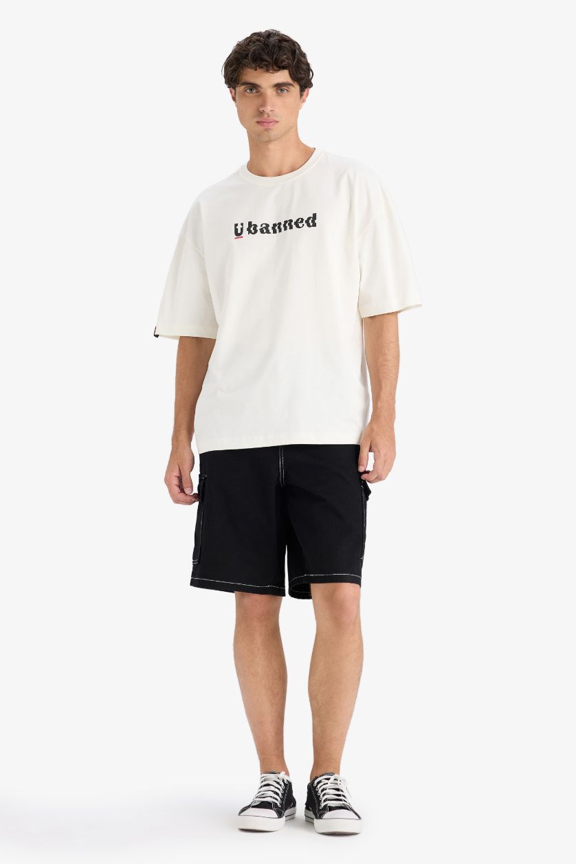 MAN Ecru Cotton Loose Fit Crew Neck Printed Short Sleeve T-Shirt