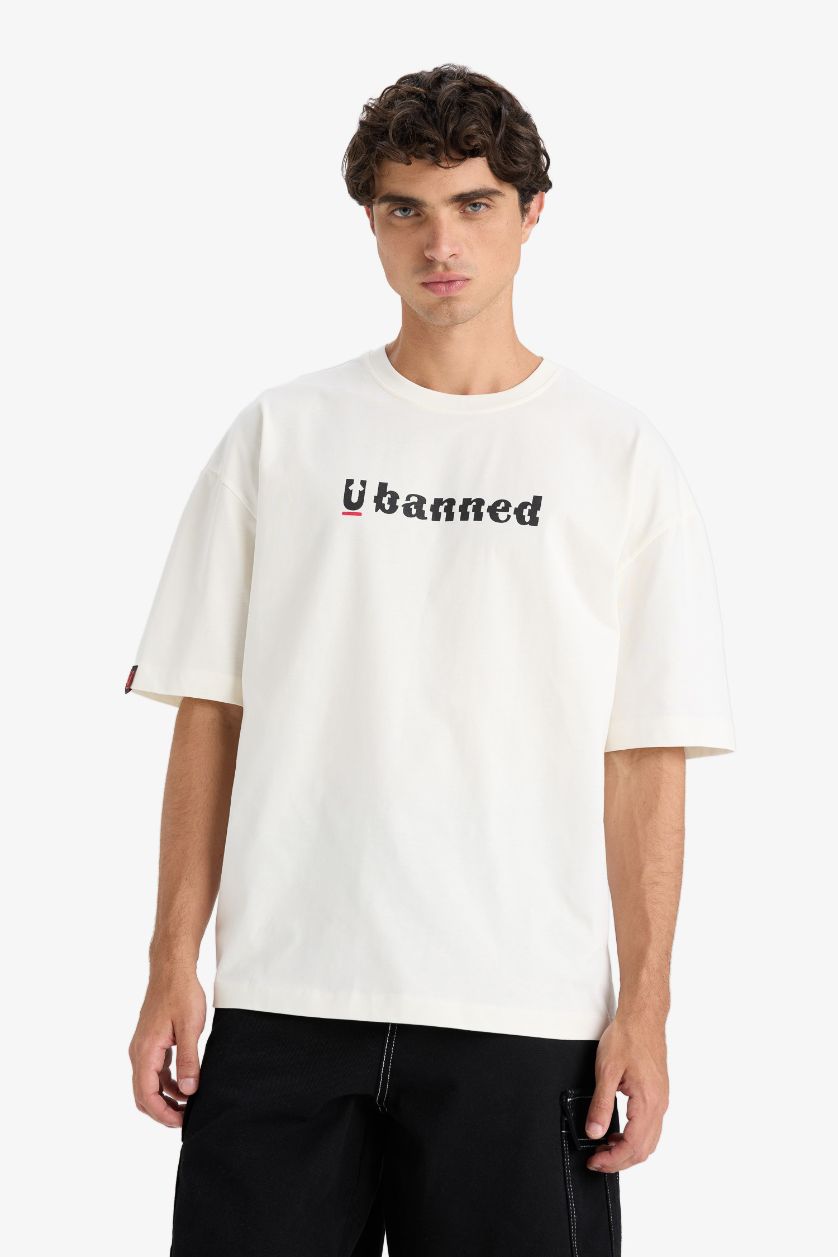 MAN Ecru Cotton Loose Fit Crew Neck Printed Short Sleeve T-Shirt