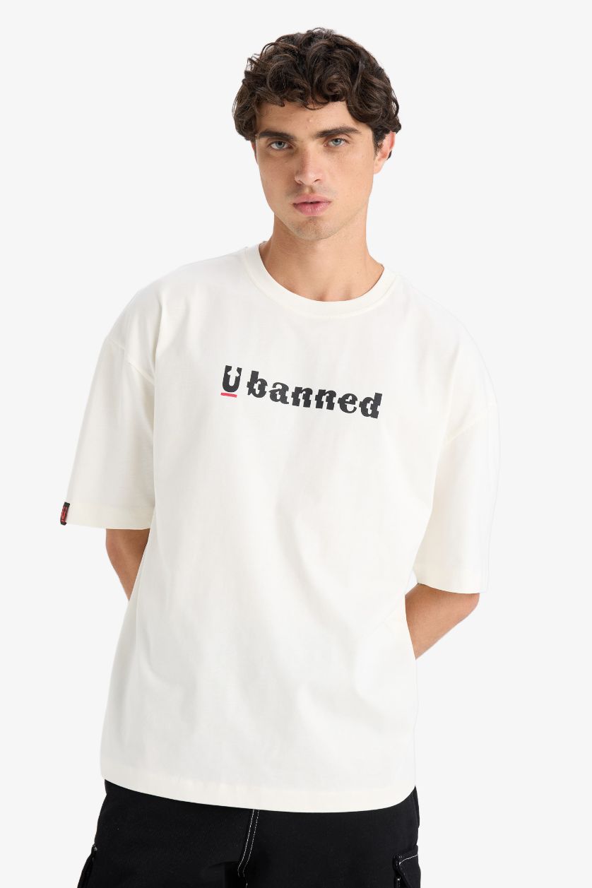 MAN Ecru Cotton Loose Fit Crew Neck Printed Short Sleeve T-Shirt