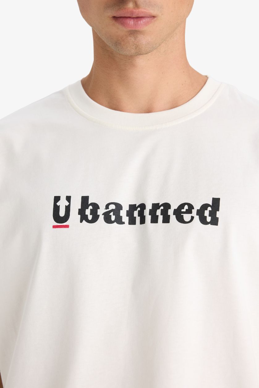 MAN Ecru Cotton Loose Fit Crew Neck Printed Short Sleeve T-Shirt