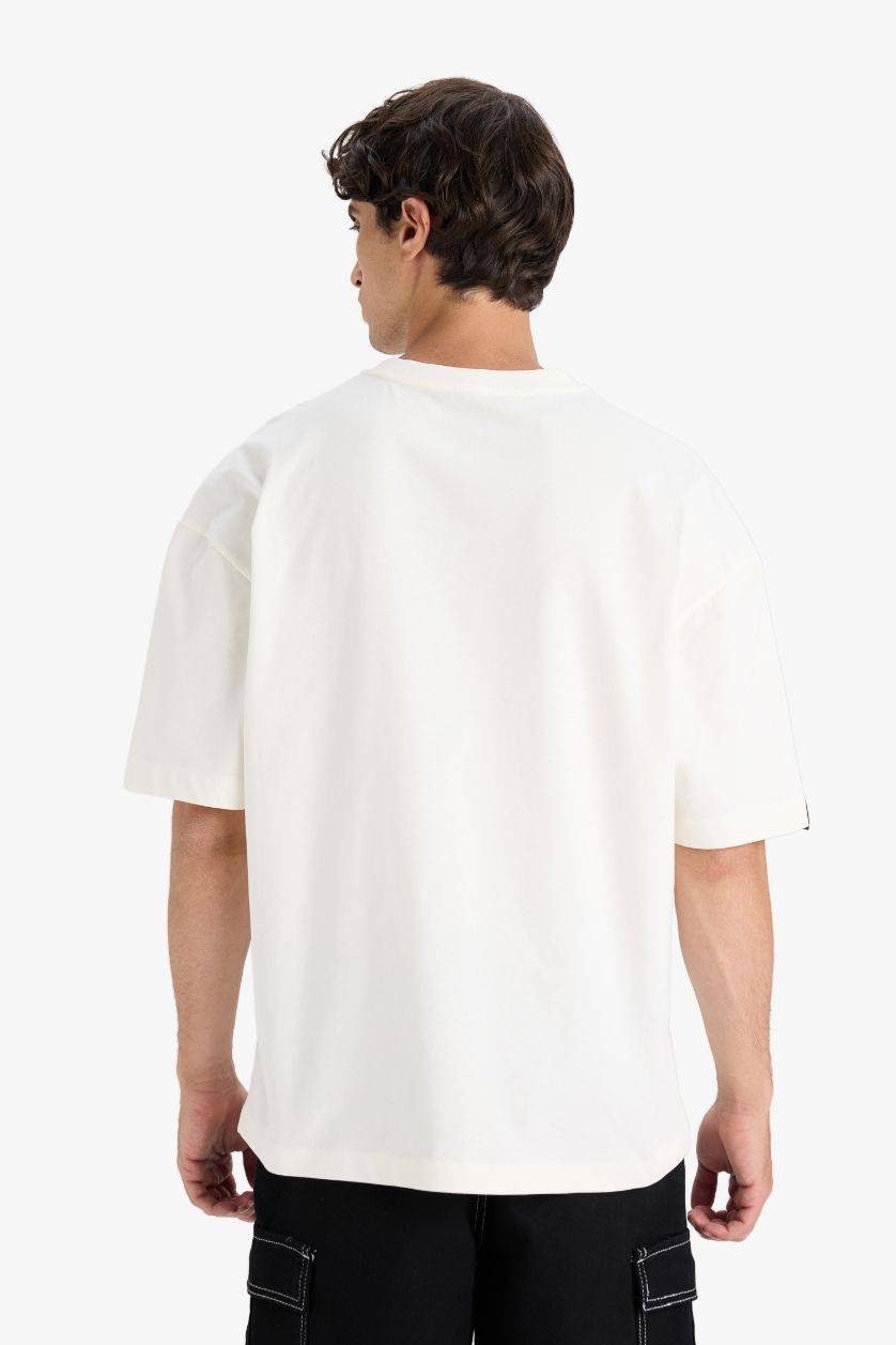 MAN Ecru Cotton Loose Fit Crew Neck Printed Short Sleeve T-Shirt