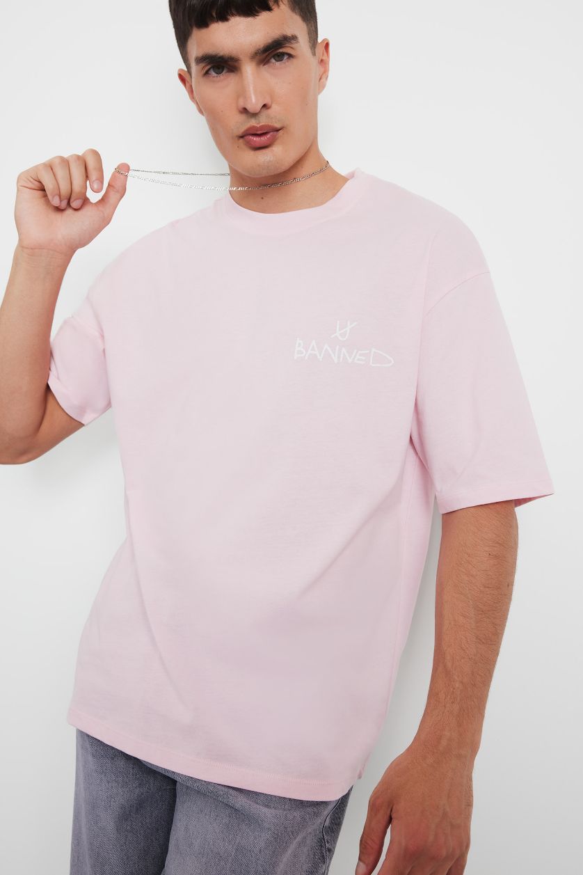 Erkek Açık Pembe %100 Pamuk Loose Fit Baskılı Tişört