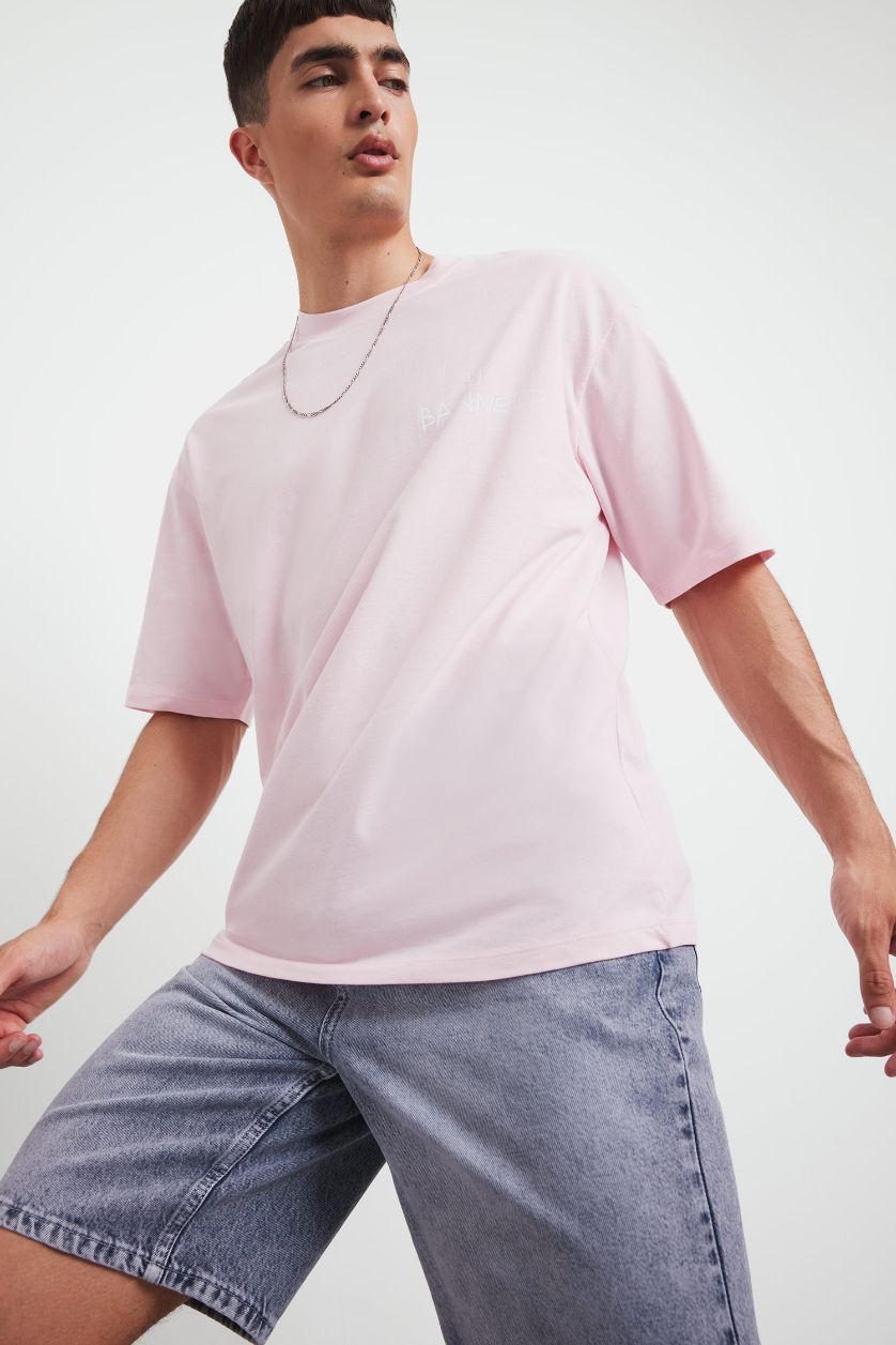 Erkek Açık Pembe %100 Pamuk Loose Fit Baskılı Tişört