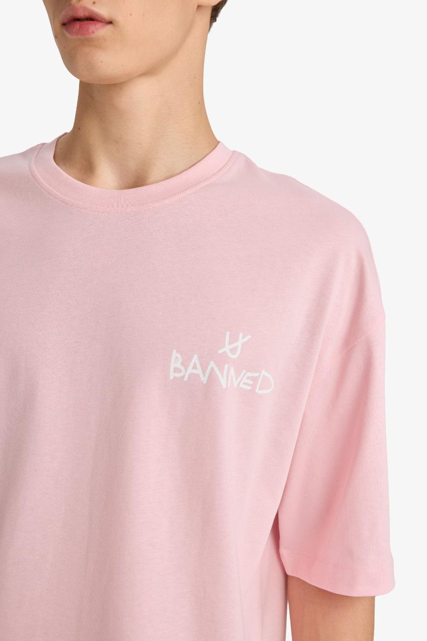 Erkek Açık Pembe %100 Pamuk Loose Fit Baskılı Tişört