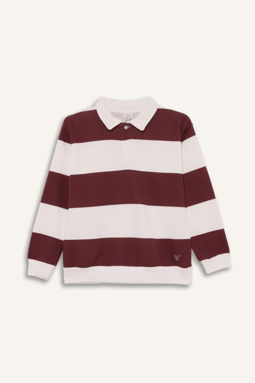 Erkek Çocuk - Genç Erkek Kiremit Polo Yaka Renk Bloklu Uzun Kollu Tişört Erkek Çocuk