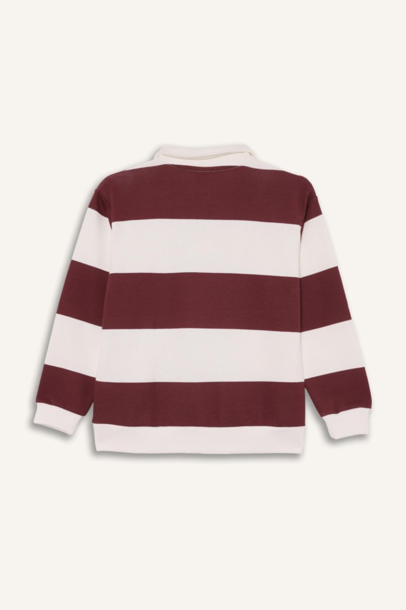 Erkek Çocuk - Genç Erkek Kiremit Polo Yaka Renk Bloklu Uzun Kollu Tişört Erkek Çocuk