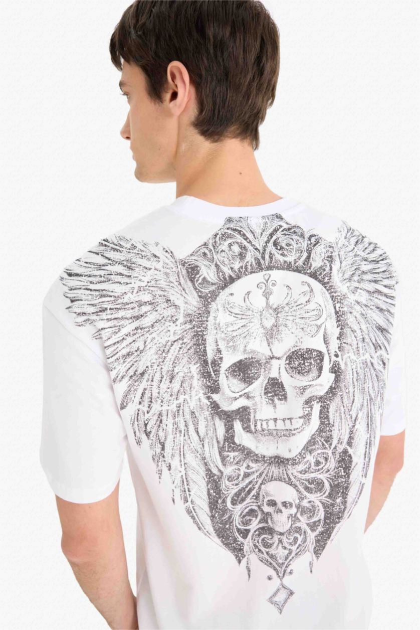 Erkek Beyaz %100 Pamuk Boxy Fit Bisiklet Yaka Sırt Baskılı Kısa Kollu Tişört