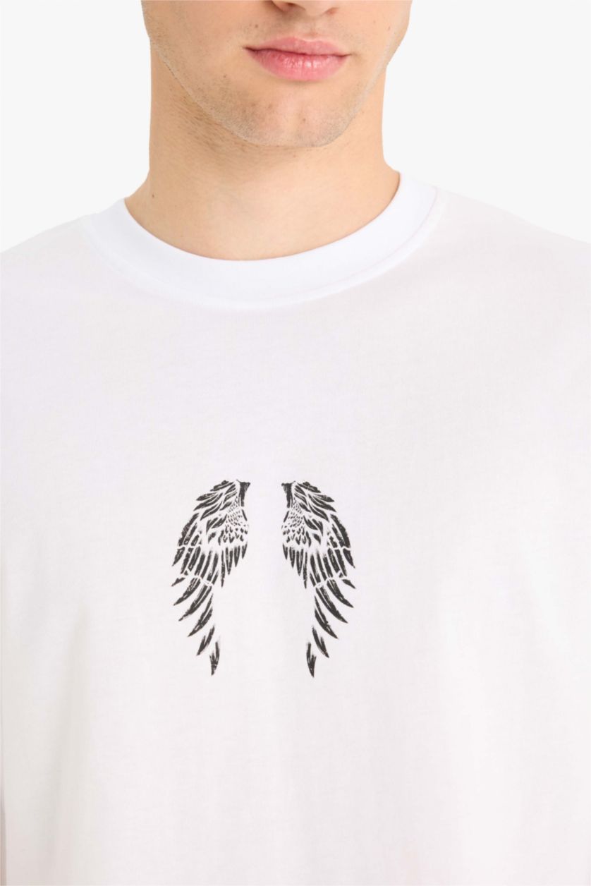 Erkek Beyaz %100 Pamuk Boxy Fit Bisiklet Yaka Sırt Baskılı Kısa Kollu Tişört