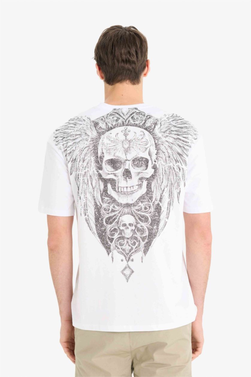 Erkek Beyaz %100 Pamuk Boxy Fit Bisiklet Yaka Sırt Baskılı Kısa Kollu Tişört