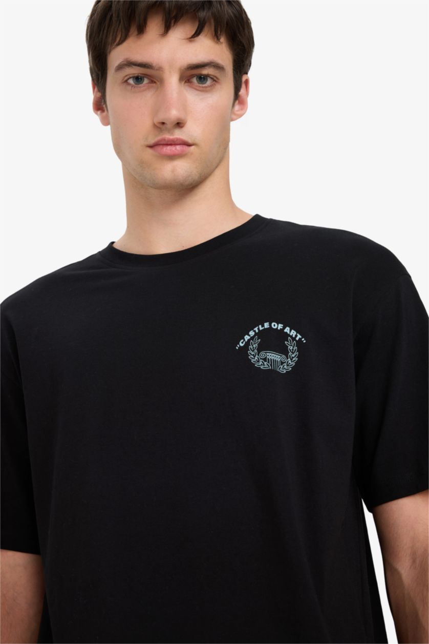 Erkek Siyah %100 Pamuk Boxy Fit Bisiklet Yaka Sırt Baskılı Kısa Kollu Tişört