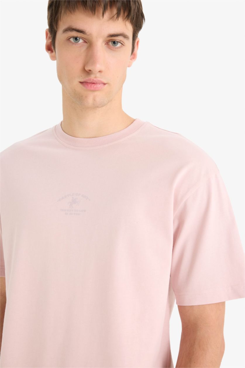 Erkek Lila %100 Pamuk Boxy Fit Bisiklet Yaka Sırt Baskılı Kısa Kollu Tişört