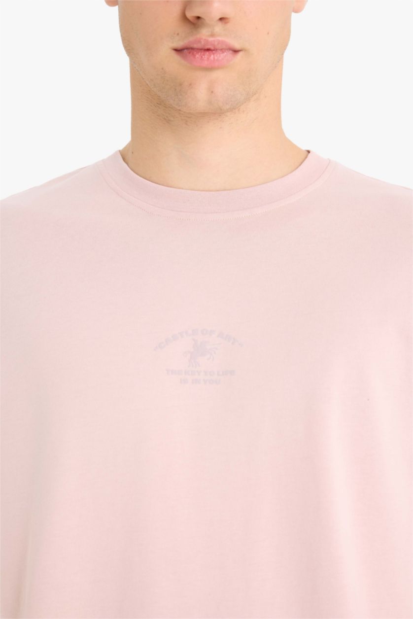 Erkek Lila %100 Pamuk Boxy Fit Bisiklet Yaka Sırt Baskılı Kısa Kollu Tişört