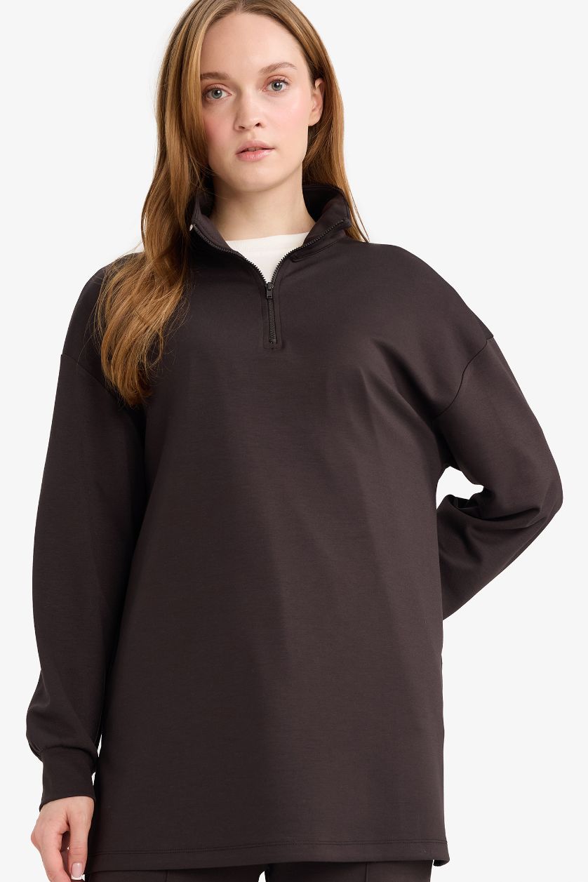 Kadın Kahve Regular Fıt Fermuarlı Yaka Uzun Kollu Tunik