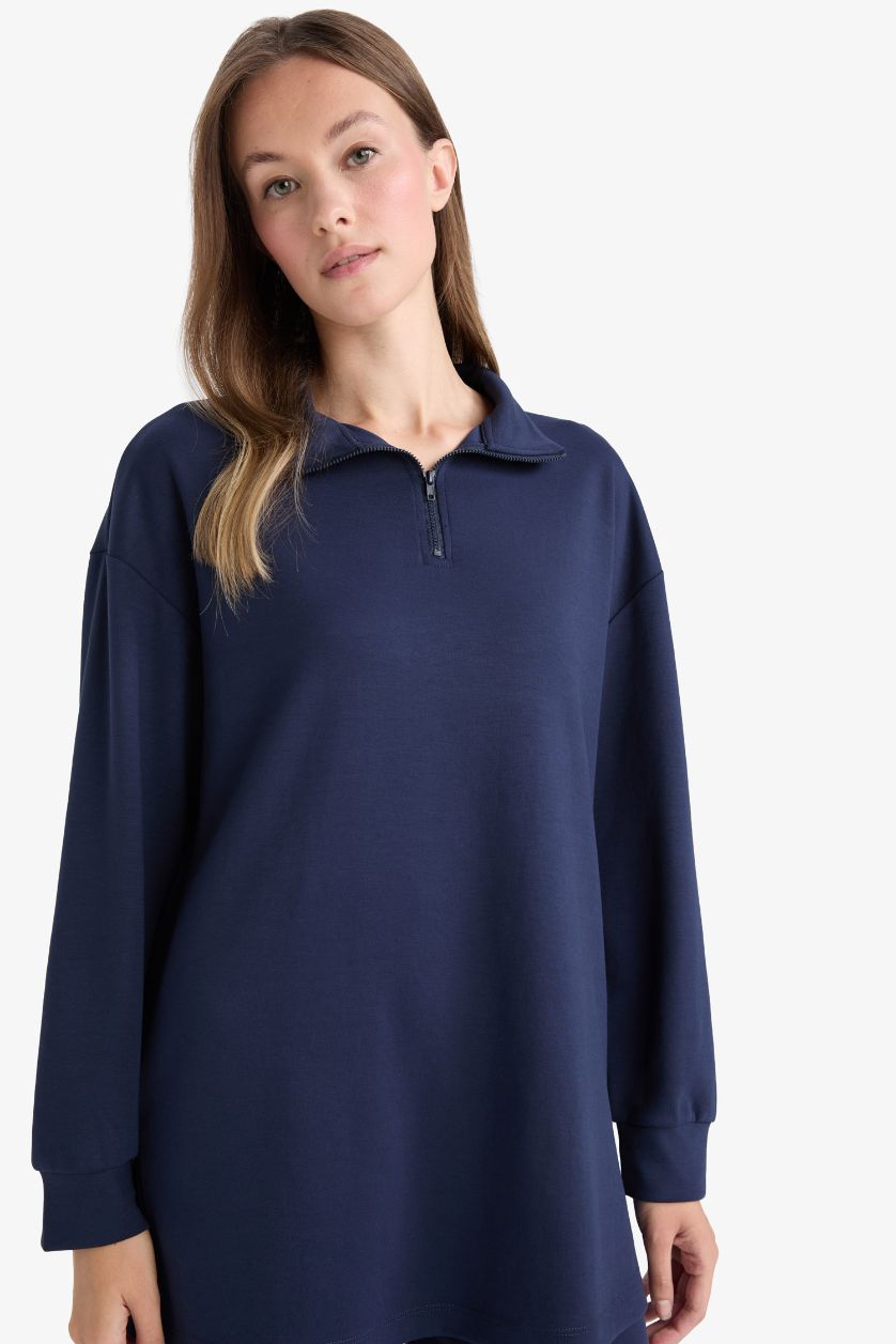 Kadın Lacivert Regular Fıt Fermuarlı Yaka Uzun Kollu Tunik