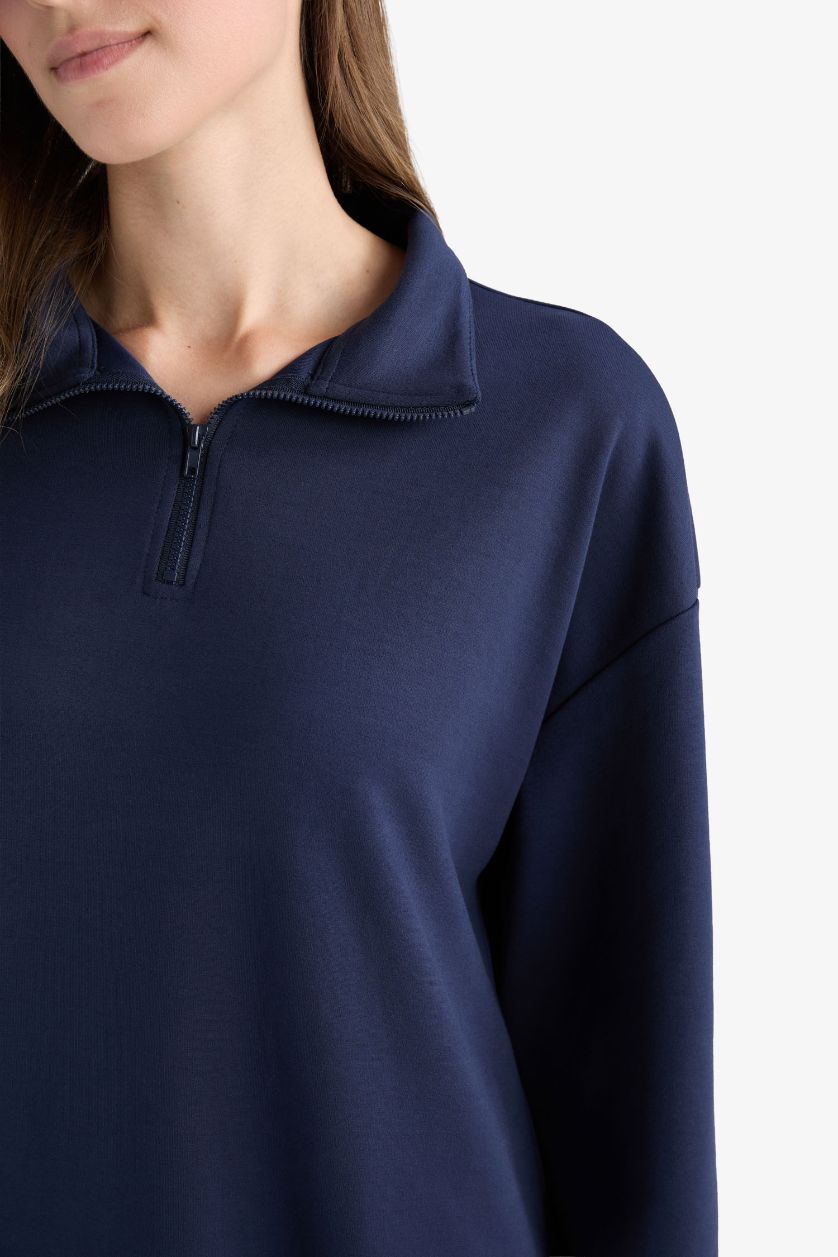 Kadın Lacivert Regular Fıt Fermuarlı Yaka Uzun Kollu Tunik