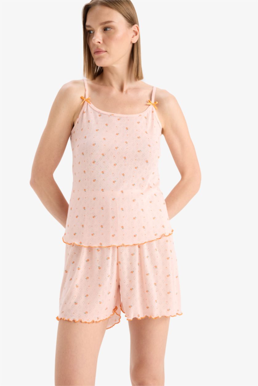 Kadın Açık Pembe Regular Fit Pijama Takımı Desenli Askılı Üst Beli Lastikli Şort