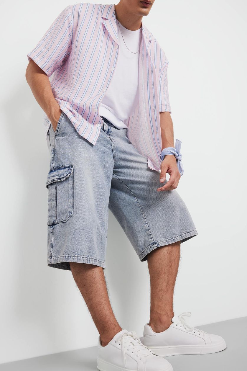 Erkek Açık Mavi %100 Pamuk Beli Lastikli Rahat Jean Uzun Bermuda Şort