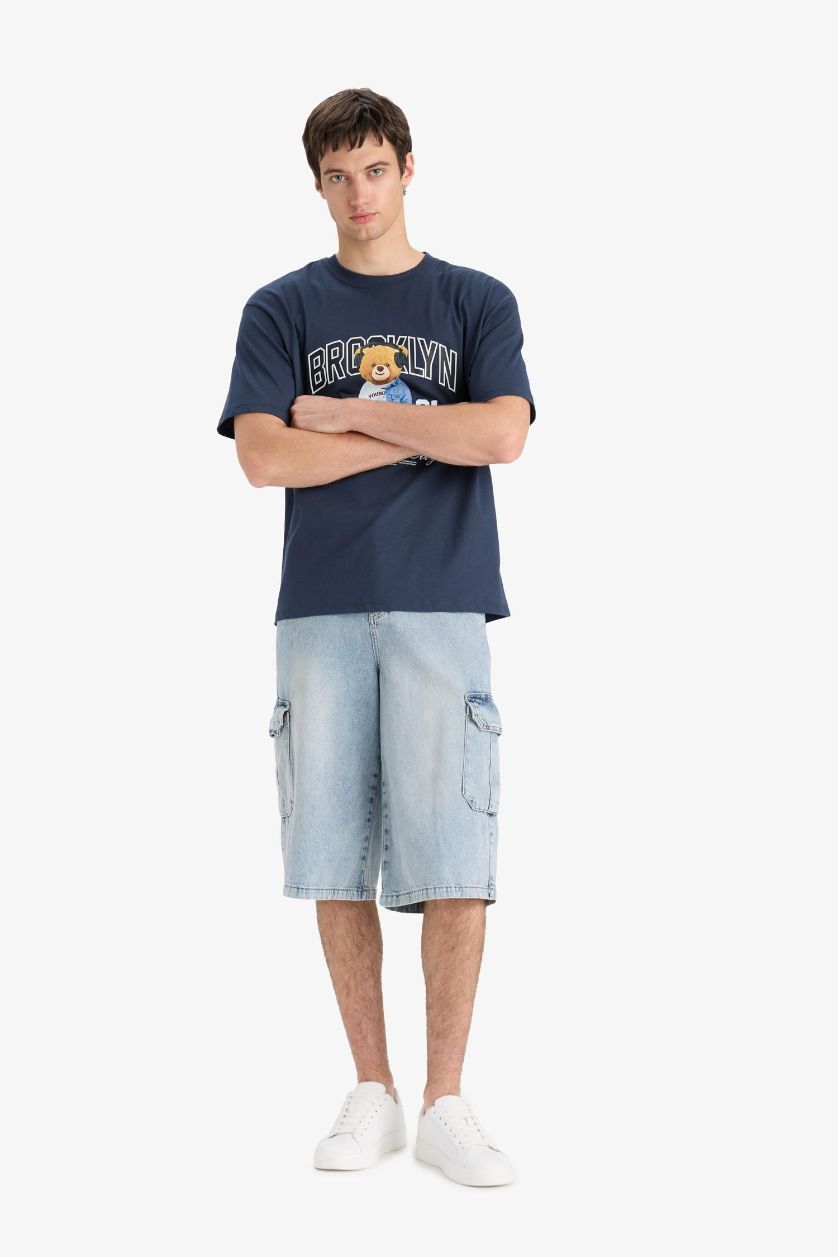 Erkek Açık Mavi %100 Pamuk Beli Lastikli Rahat Jean Uzun Bermuda Şort